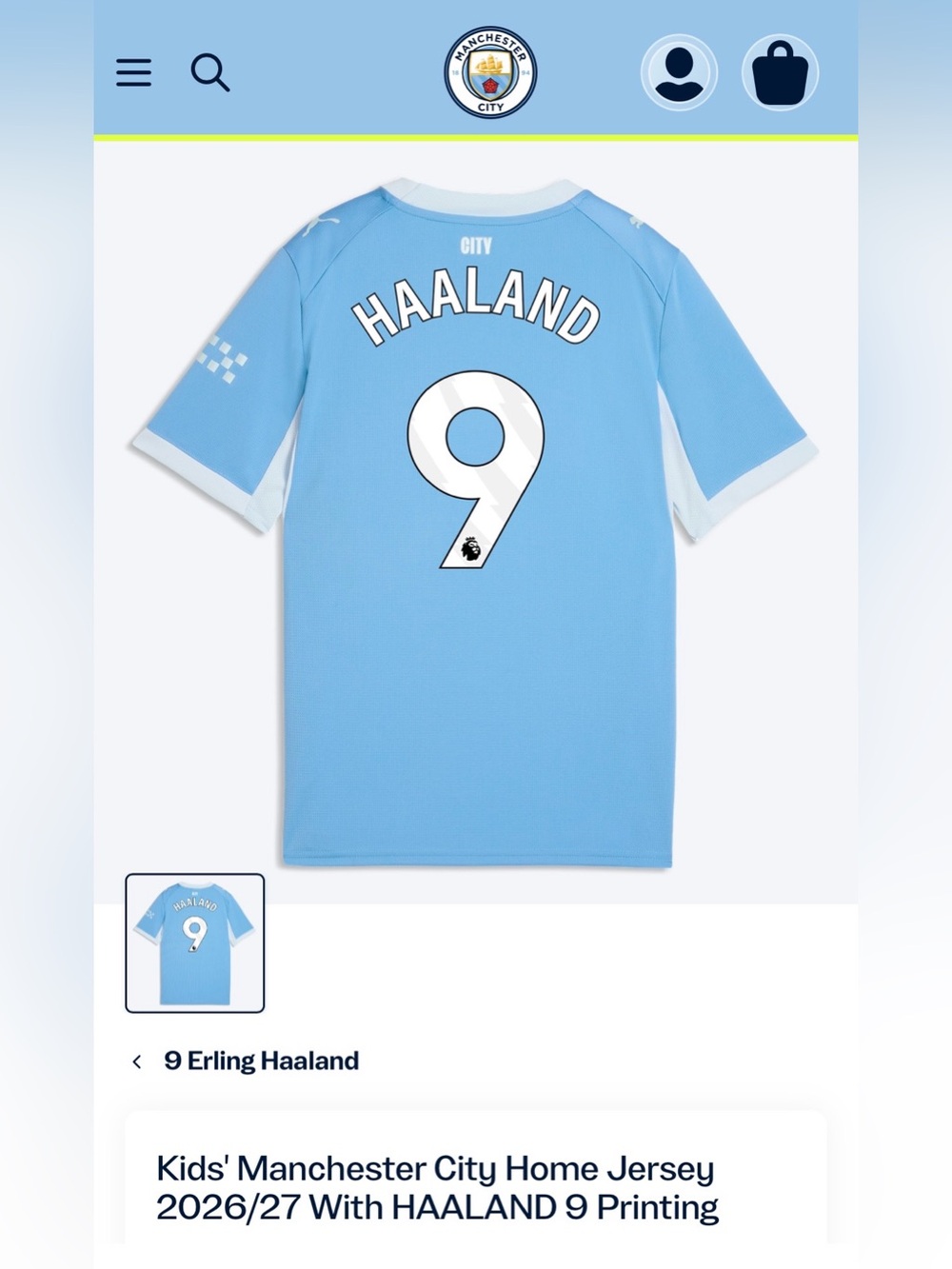 Kids’ Manchester City Home Jersey 2026/27 with HAALAND 9 Printing